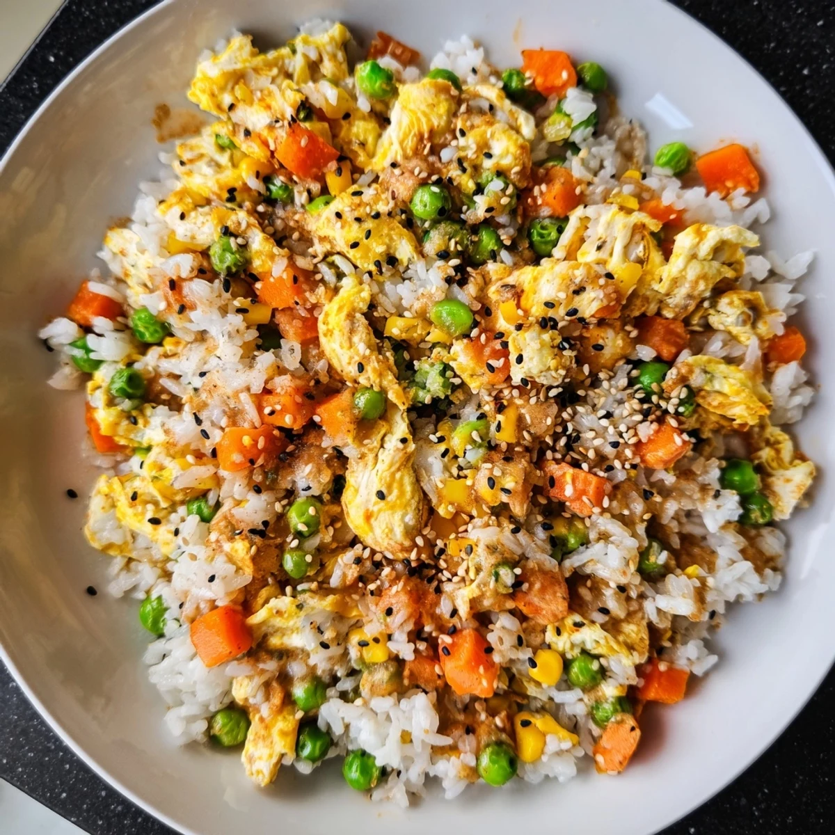 This colorful image shows a delicious bowl of homemade Frozen Veggie Fried Rice garnished with green onions.