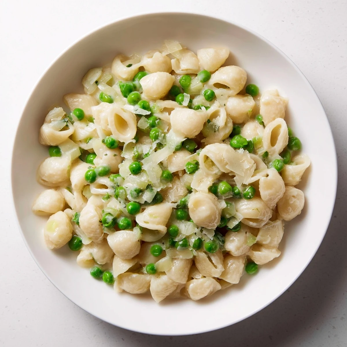 A close-up shot of the warm Macaroni & Peas, ready to be served for a simple dinner.
