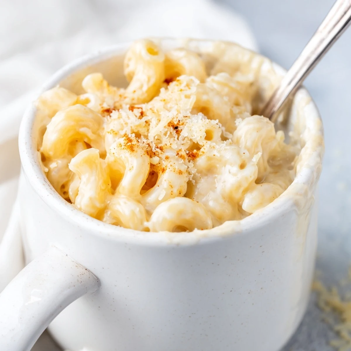 Steaming mug mac & cheese, topped with paprika, offers a warm, bubbly cheese pull.