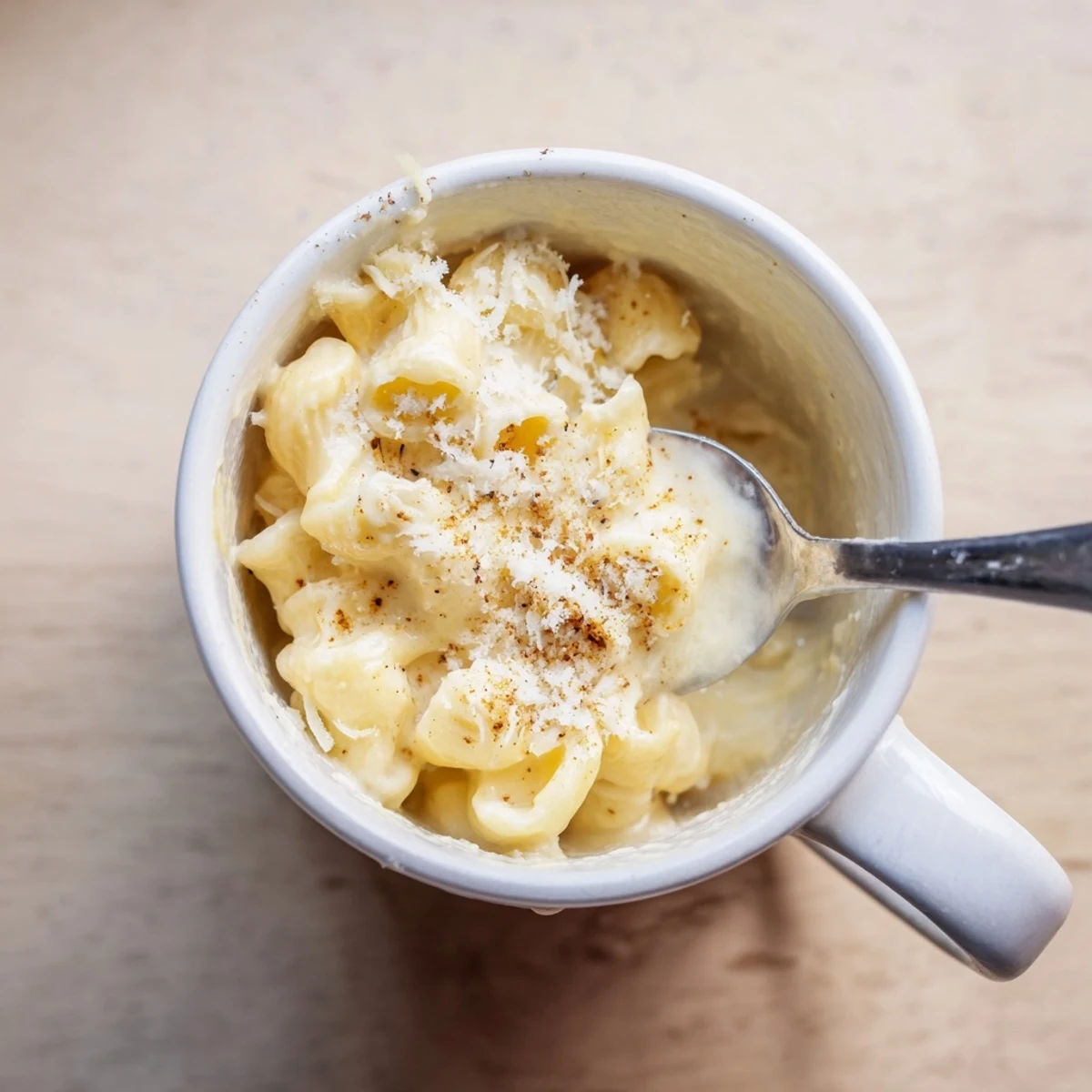 Bright yellow mug mac & cheese with melted cheese and creamy sauce, perfect for busy weeknights.