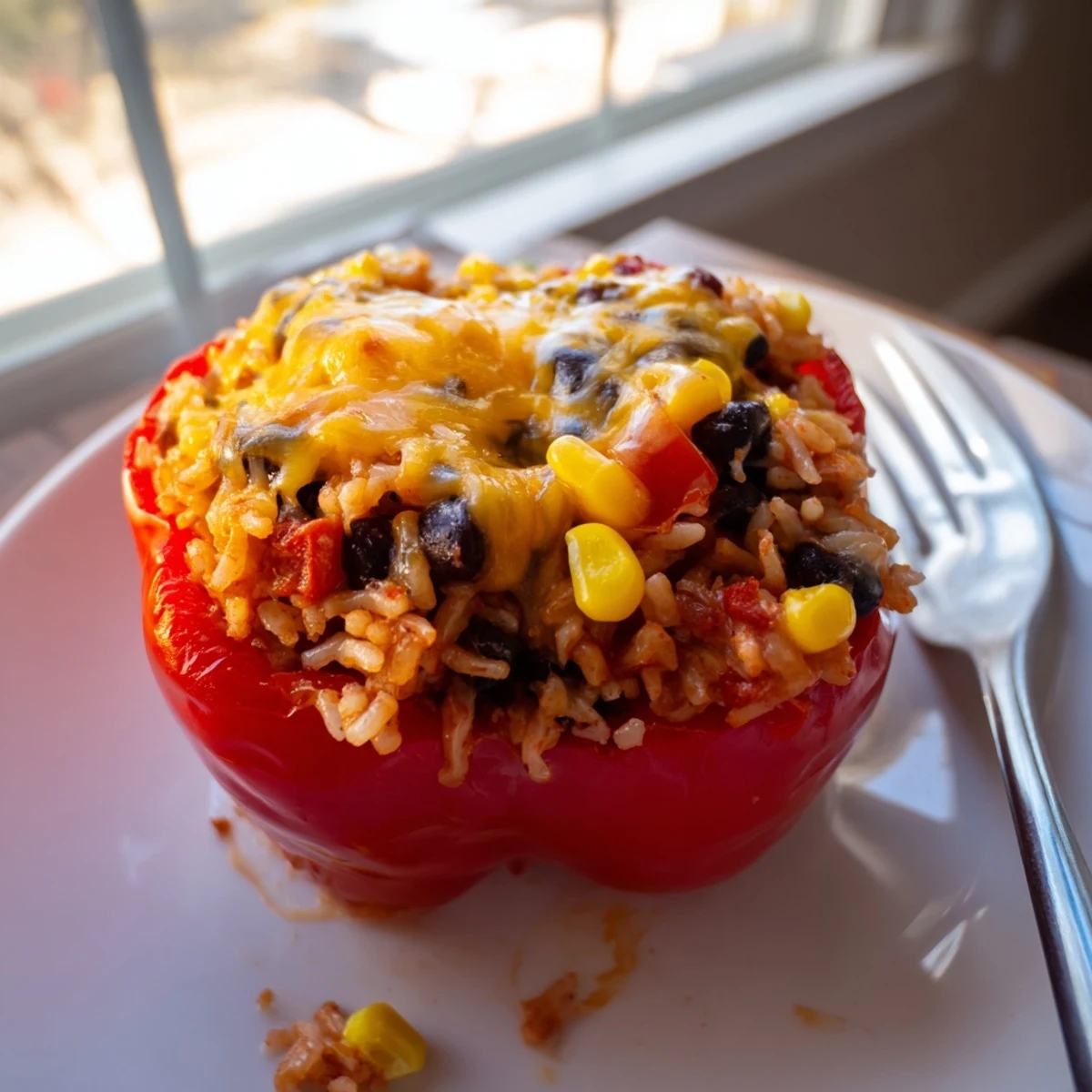 Golden, tender Stuffed Bell Peppers overflowing with a savory rice and bean filling, baked to perfection.