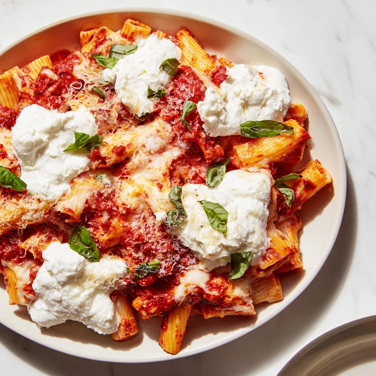 Steaming hot One-Pan Baked Ziti bubbling with melted mozzarella and ricotta cheese, perfect for a cozy dinner.