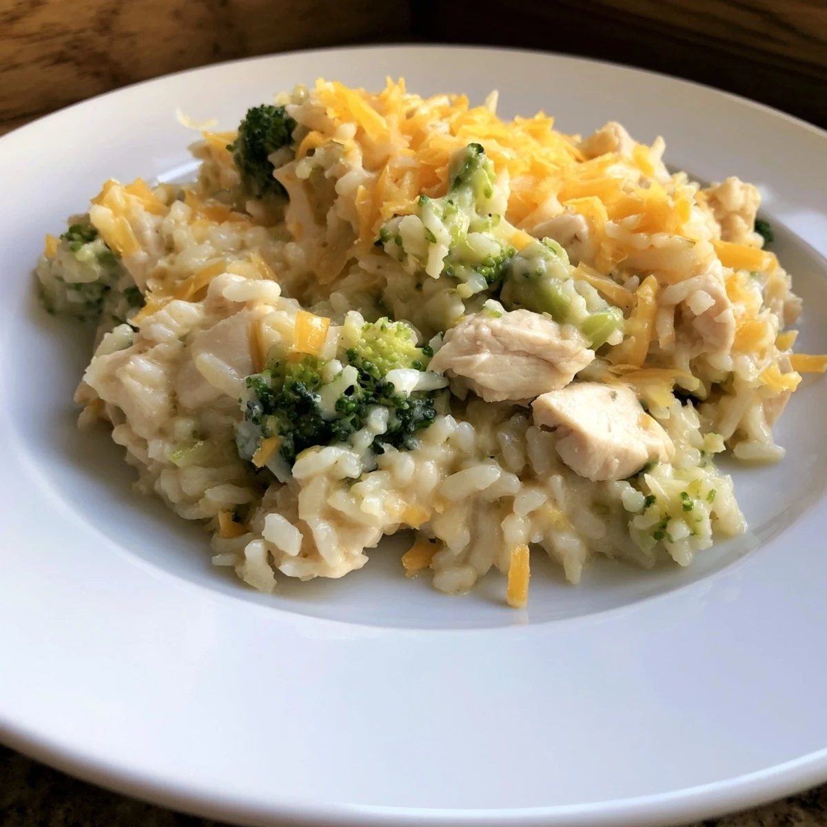 A close-up view of creamy, comforting Chicken & Broccoli Rice Casserole with a crispy breadcrumb topping.
