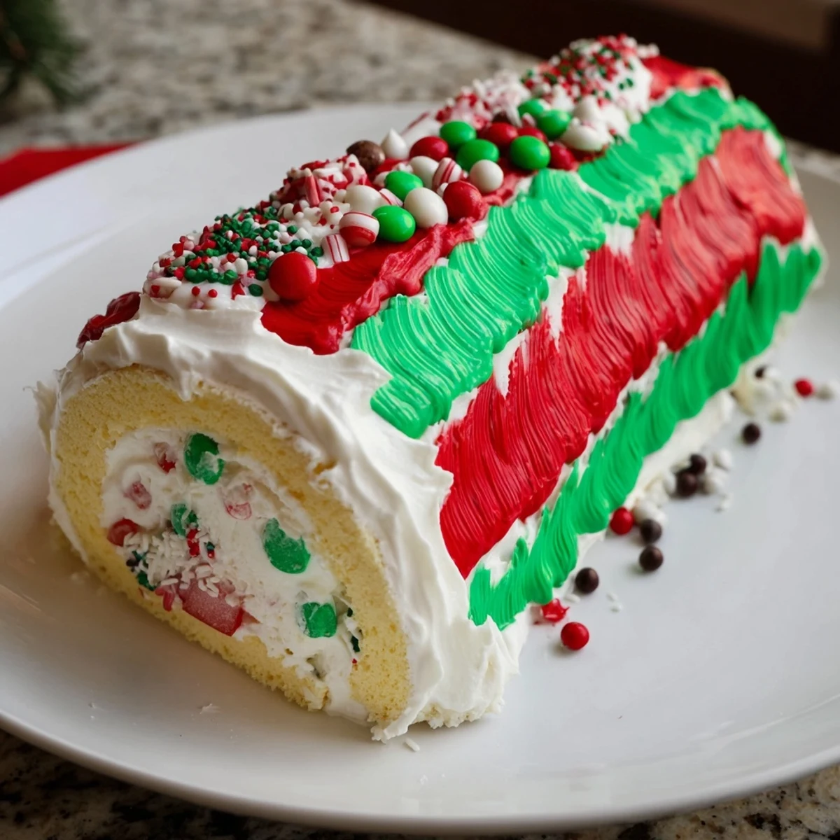 Festive Ugly Sweater Cake Roll with colorful frosting and holiday sprinkles, a party-ready dessert.