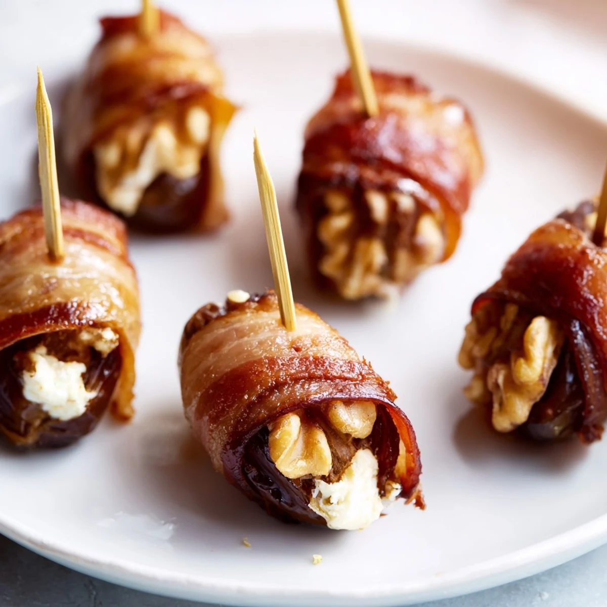 Savory bacon-wrapped dates: crispy, perfectly cooked bacon surrounds creamy cheese and walnuts.