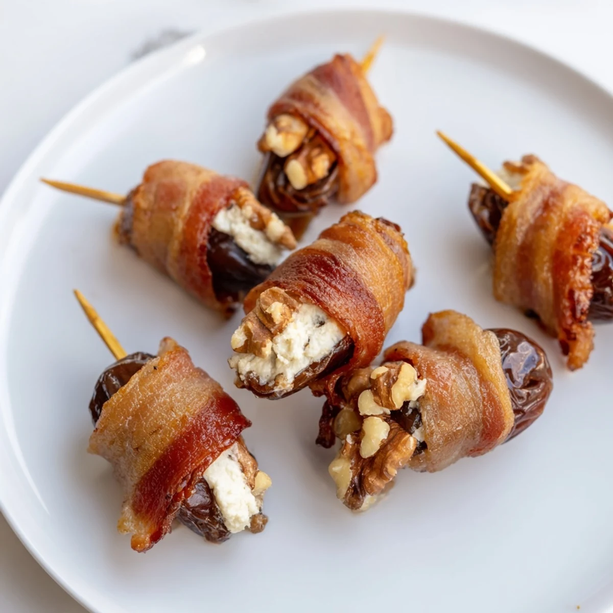 Golden-brown bacon-wrapped dates stuffed with creamy cheese and nuts, a savory appetizer.