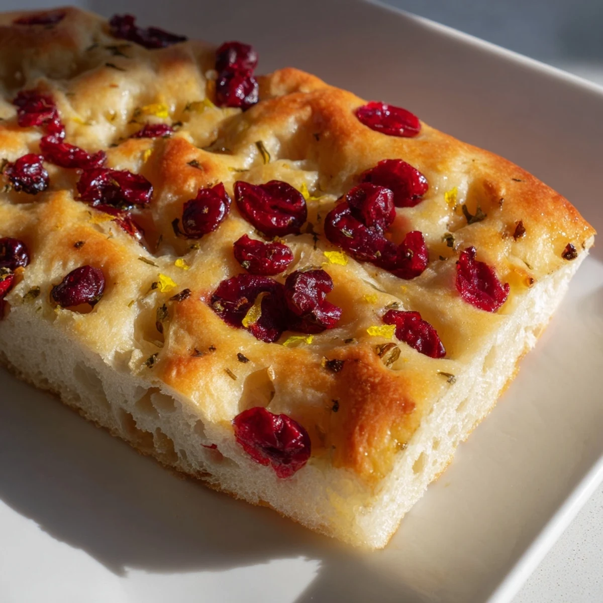 Enjoy this easy homemade cranberry orange focaccia, boasting a delightful combination of sweet and zesty flavors.