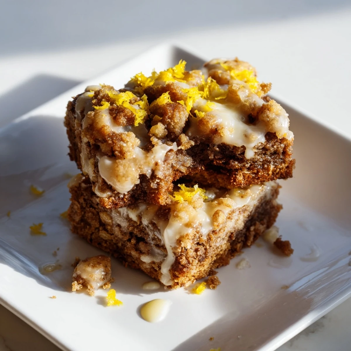 Golden, crumbly Lemon-Glazed Gingerbread Crumble Bars, glistening with tangy citrus glaze, ready to serve.