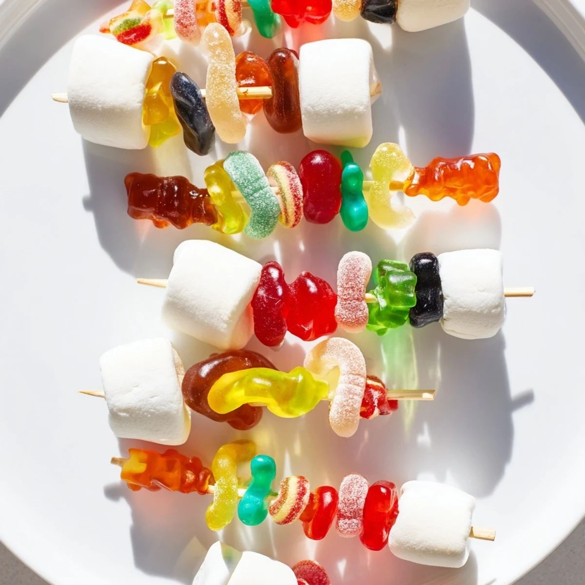Vibrant gummy candy kabobs, each skewered with colorful gummy bears and worms, ready to enjoy.