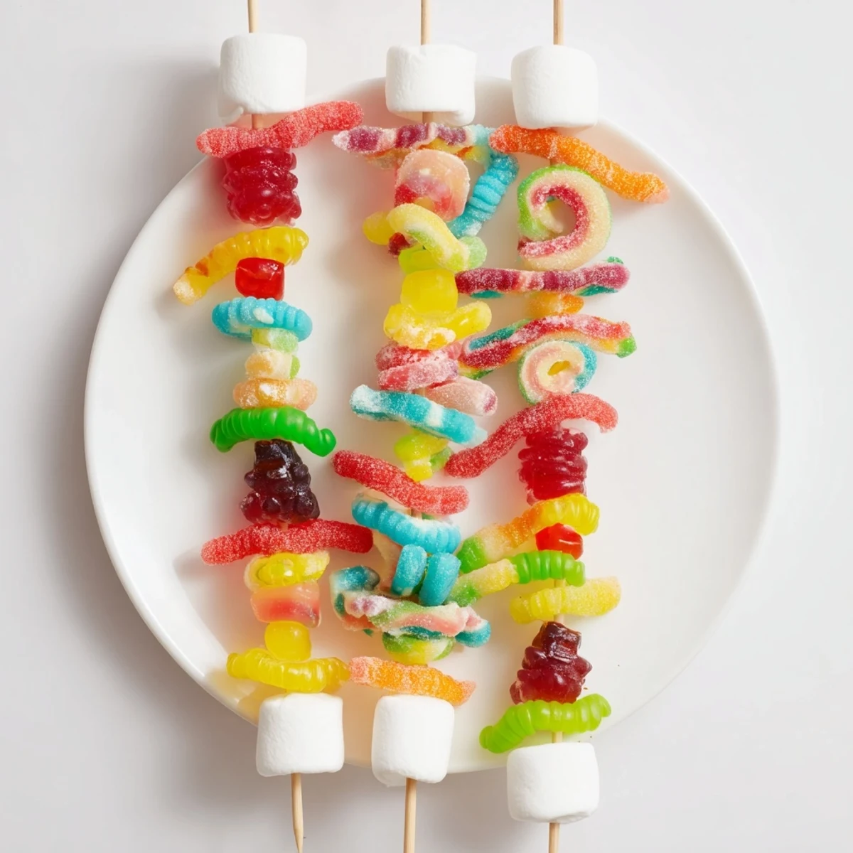 Sweet and playful gummy candy kabobs, a colorful dessert skewers perfect for kid's parties or a snack.