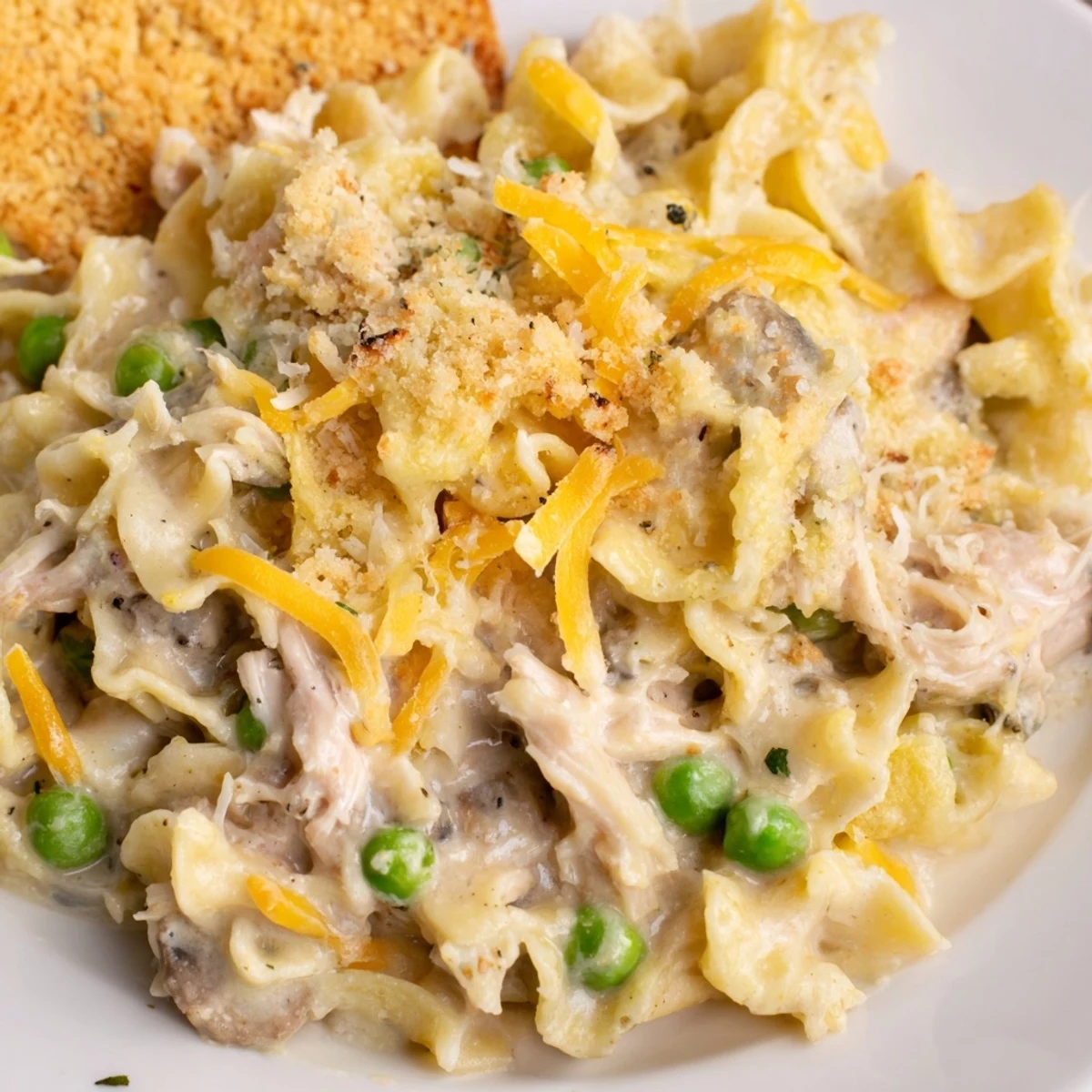 Golden, bubbly Creamy Tuna Noodle Casserole with a crispy Ritz cracker crust, ready to enjoy.