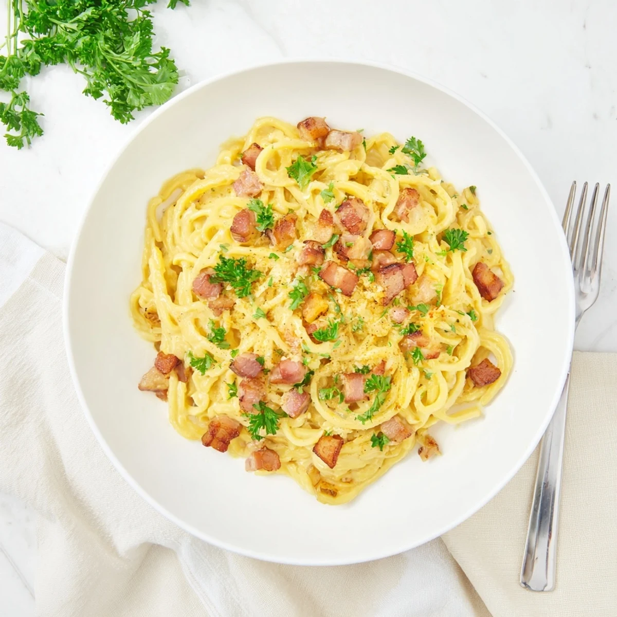 Carbonara Ramen Fusion: Creamy ramen noodles coated in rich, cheesy sauce and topped with crispy bacon.