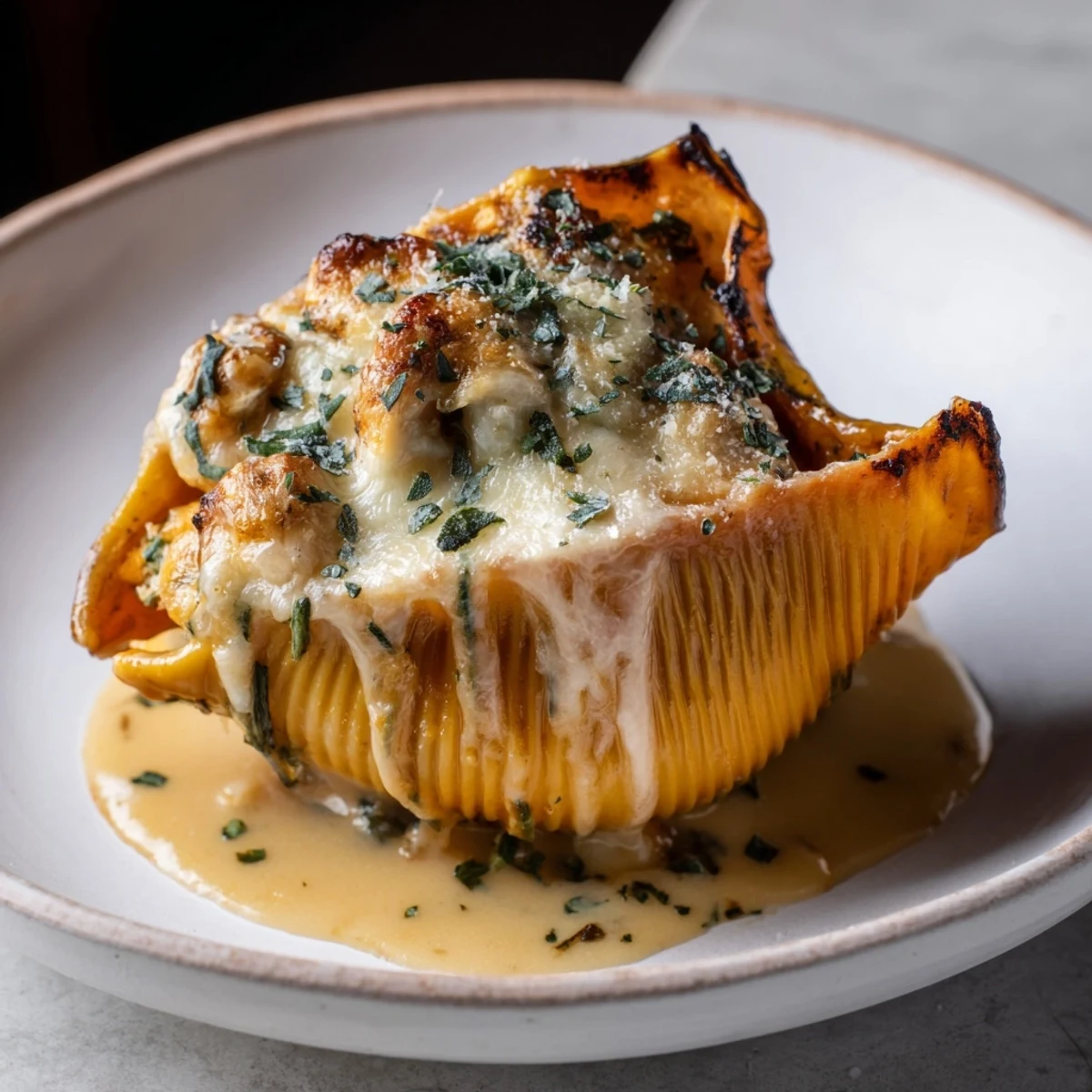 Pumpkin & Gouda Stuffed Shells, bubbling golden brown, topped with Parmesan and fresh sage, ideal for fall.