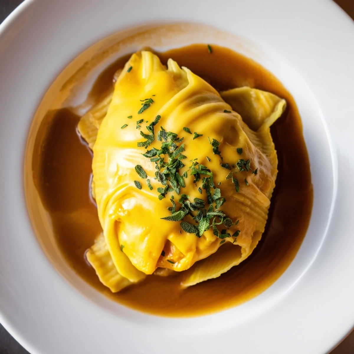 Creamy Pumpkin & Gouda Stuffed Shells, a vegetarian Italian-American comfort food, ready to serve with warm sauce.