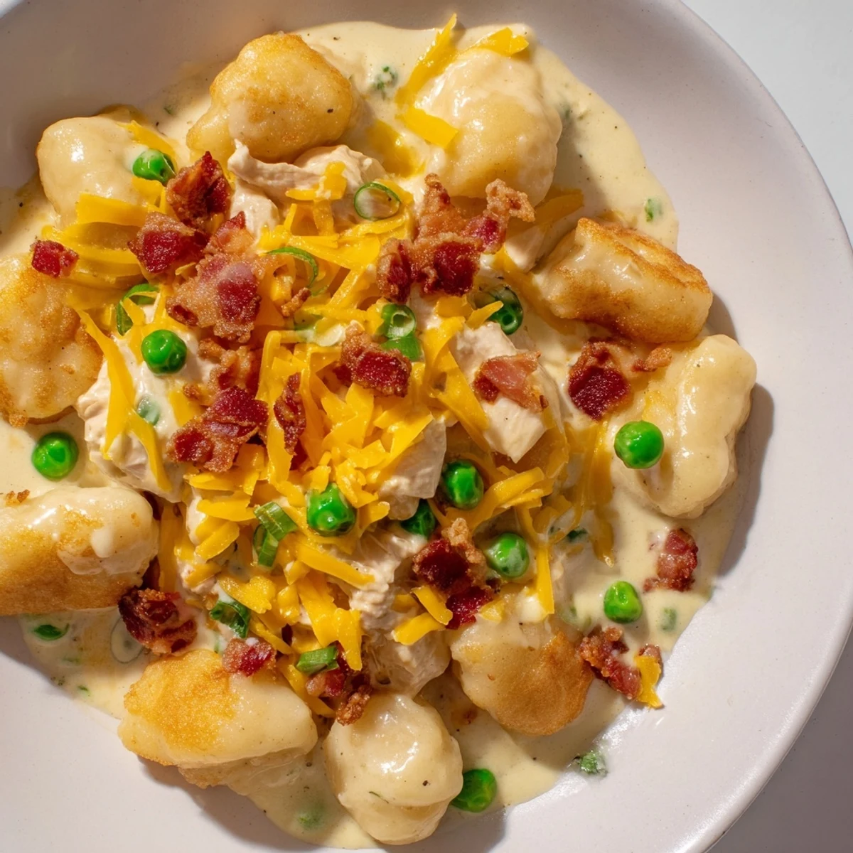 Close-up of Creamy Crack Chicken Gnocchi, a comforting meal of gnocchi, chicken, and flavorful, creamy sauce.