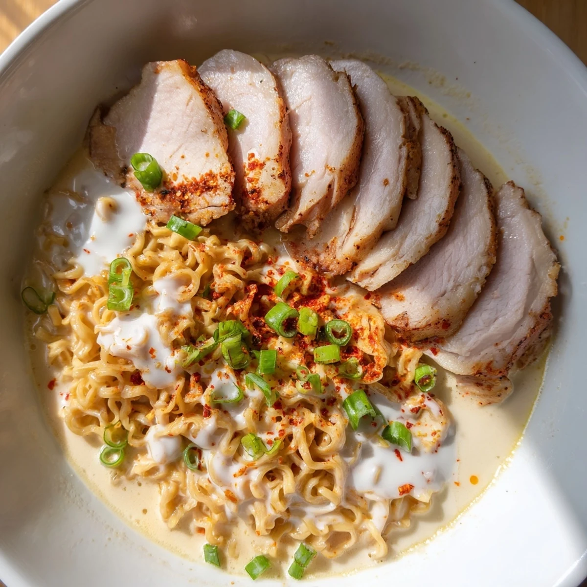 Steamy bowl of Fiery Chicken Ramen showcasing tender chicken slices and vibrant green onions atop creamy broth.