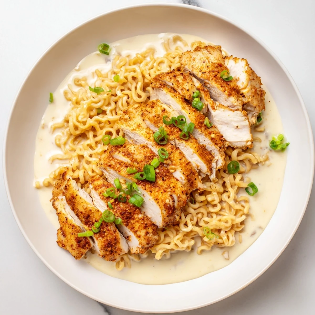 A close-up shot of fiery chicken ramen with garlic sauce, ready to be enjoyed with flavorful noodles.