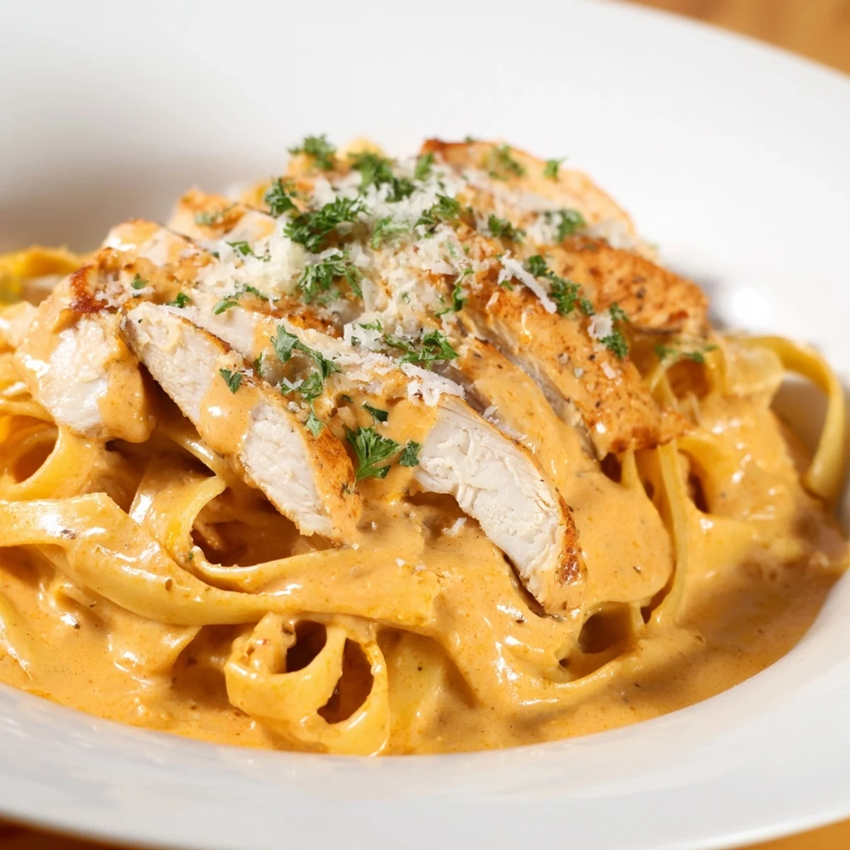 Tender Cajun Chicken Alfredo Fettuccine pasta swimming in a rich, creamy Velveeta sauce, ready to serve.