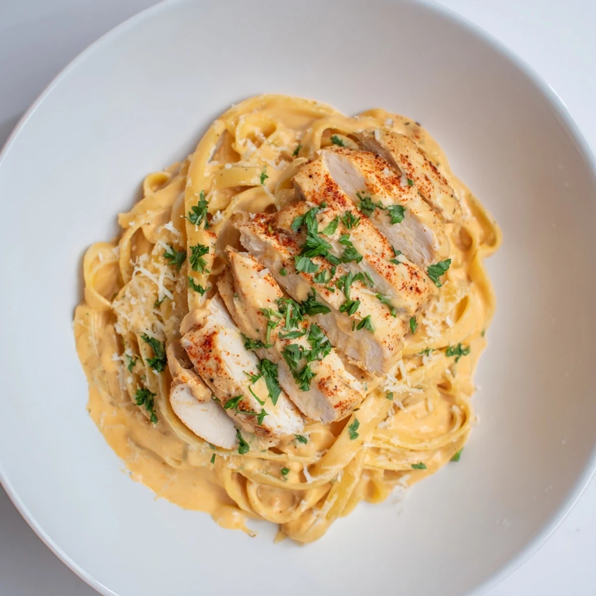 Hearty and flavorful: a warm bowl of Cajun Chicken Alfredo Fettuccine with perfectly-cooked chicken, waiting to be enjoyed.