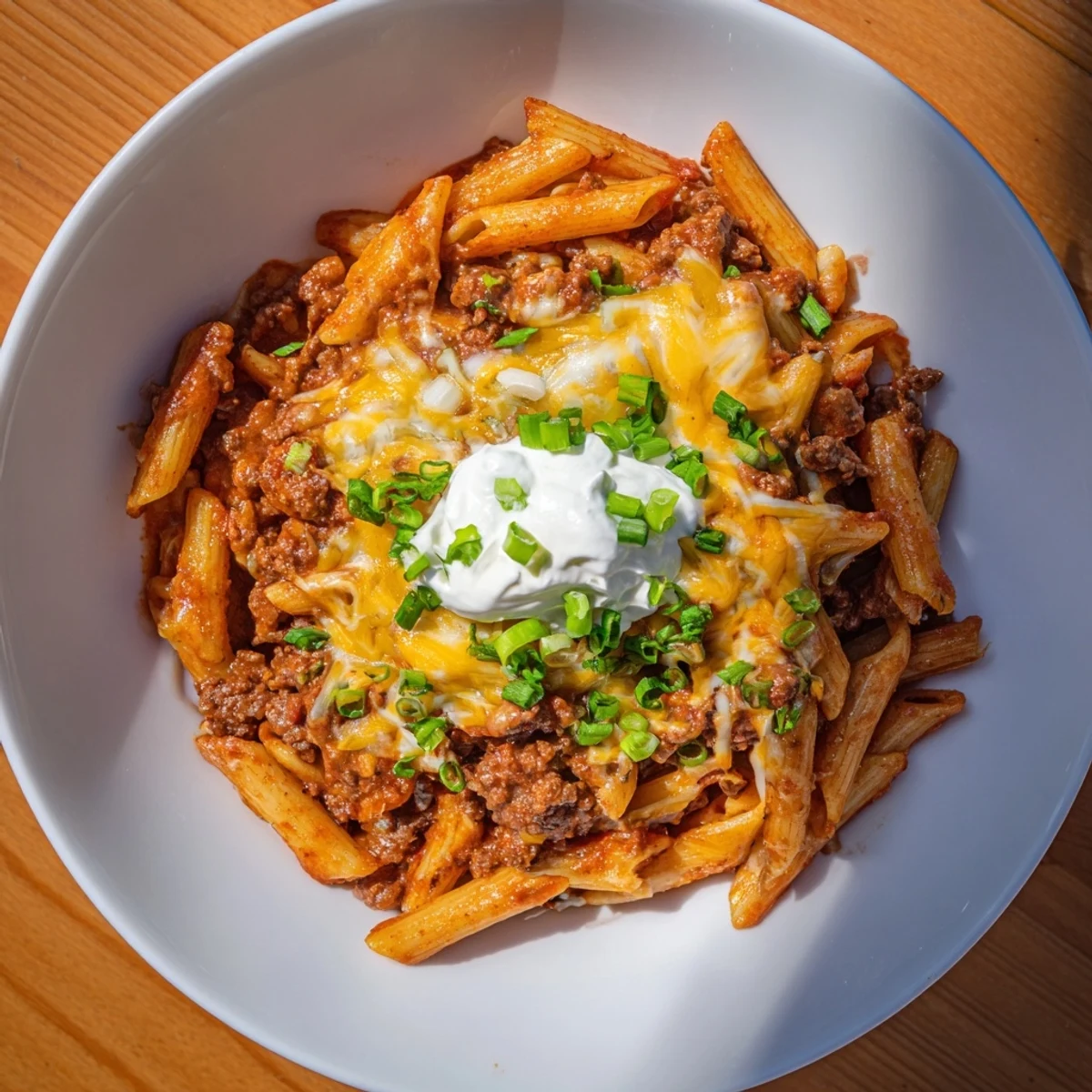This cheesy easy beef enchilada pasta is topped with fresh cilantro after cooking; a family favorite.