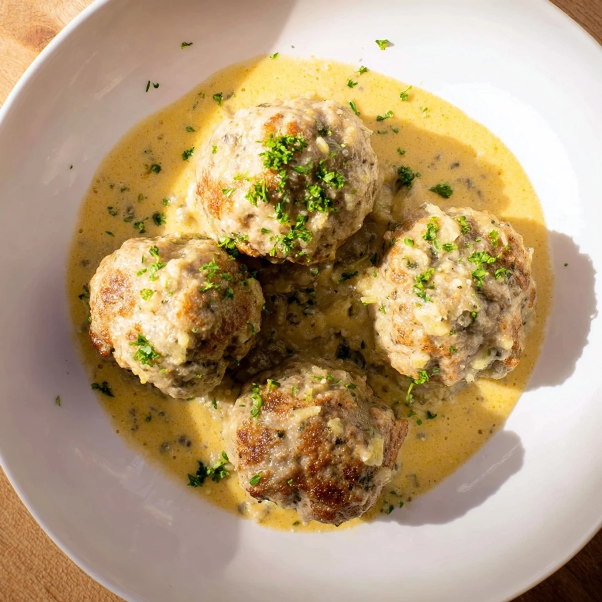 Golden-brown turkey meatballs simmering in a rich pumpkin sage sauce.