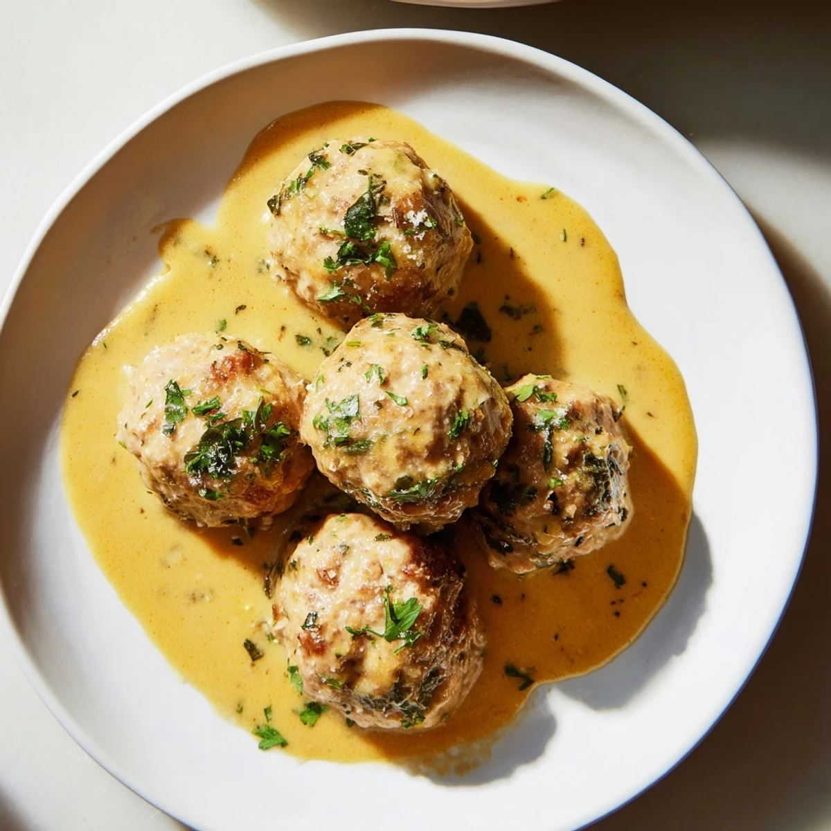 Homemade turkey meatballs coated in creamy pumpkin sage sauce, ready to serve over pasta.