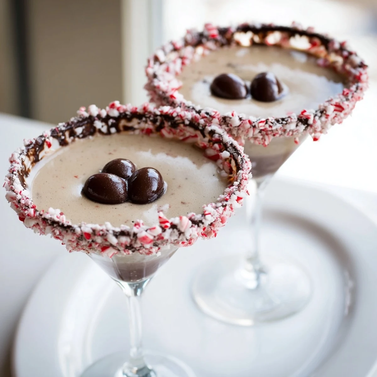 Creamy Peppermint Espresso Martinis served in sugared glass, a delicious holiday cocktail recipe.