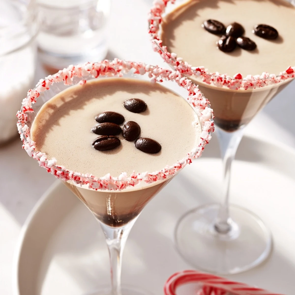 Festive Peppermint Espresso Martini, with a chocolate rim and espresso beans, so visually appealing.