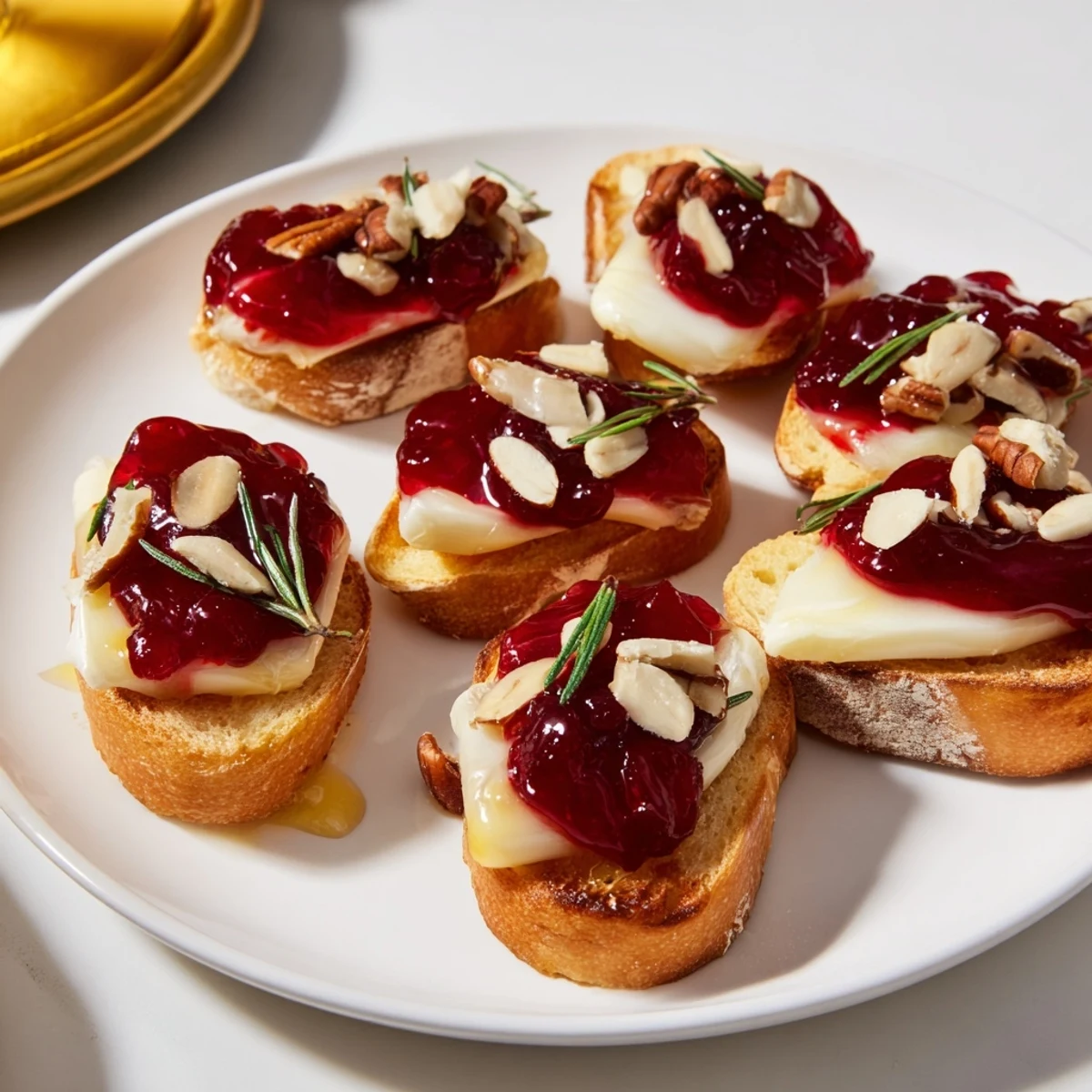 Golden, toasted baguette slices topped with melted Brie and vibrant cranberry sauce, a Quick Cranberry Brie Crostini.