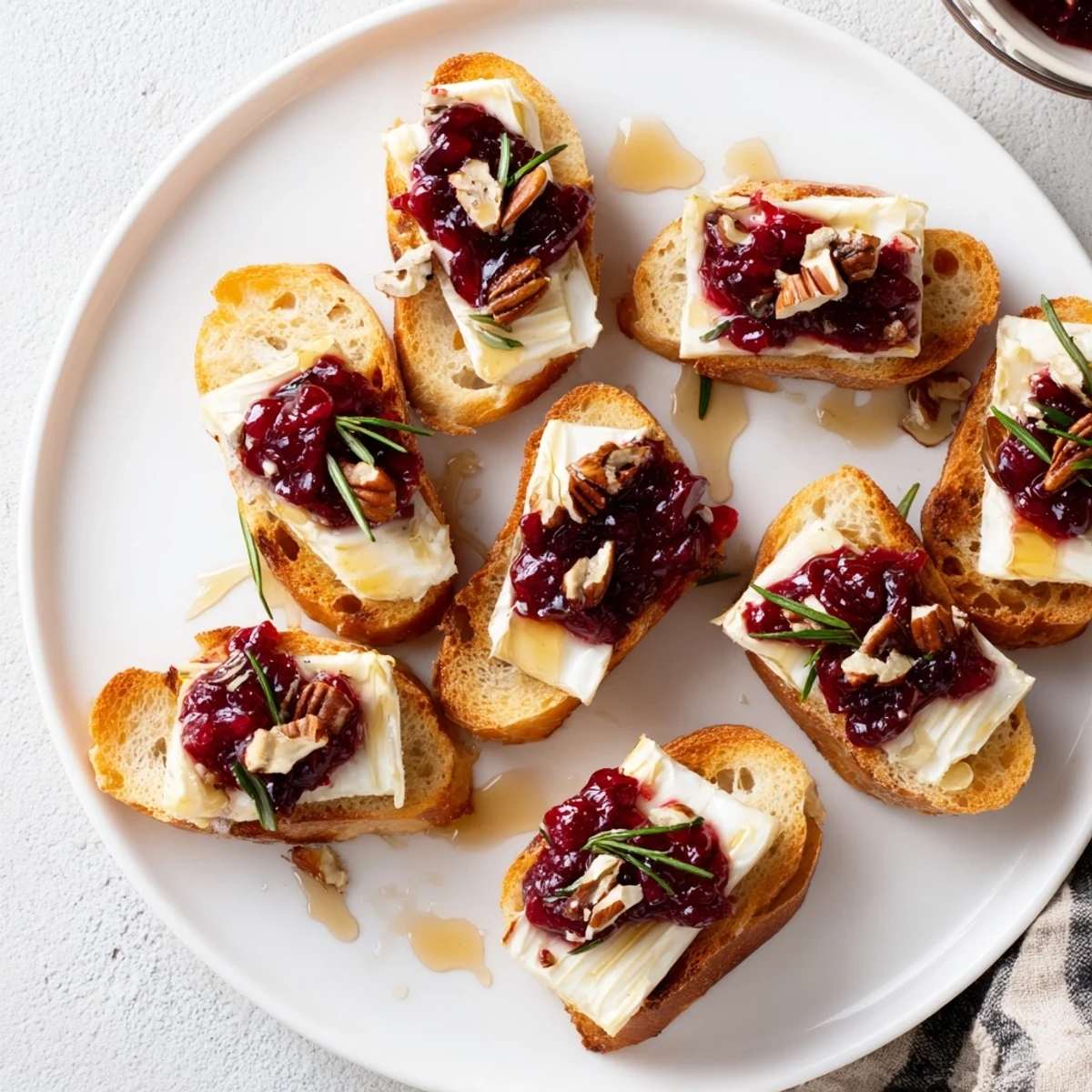 Warm, cheesy Quick Cranberry Brie Crostini with a sweet and tangy cranberry topping, ready to be enjoyed.