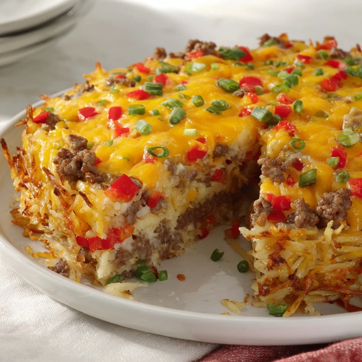 Golden-brown Quick Christmas Morning Hash Brown Bake, bubbling with melted cheddar and savory sausage.