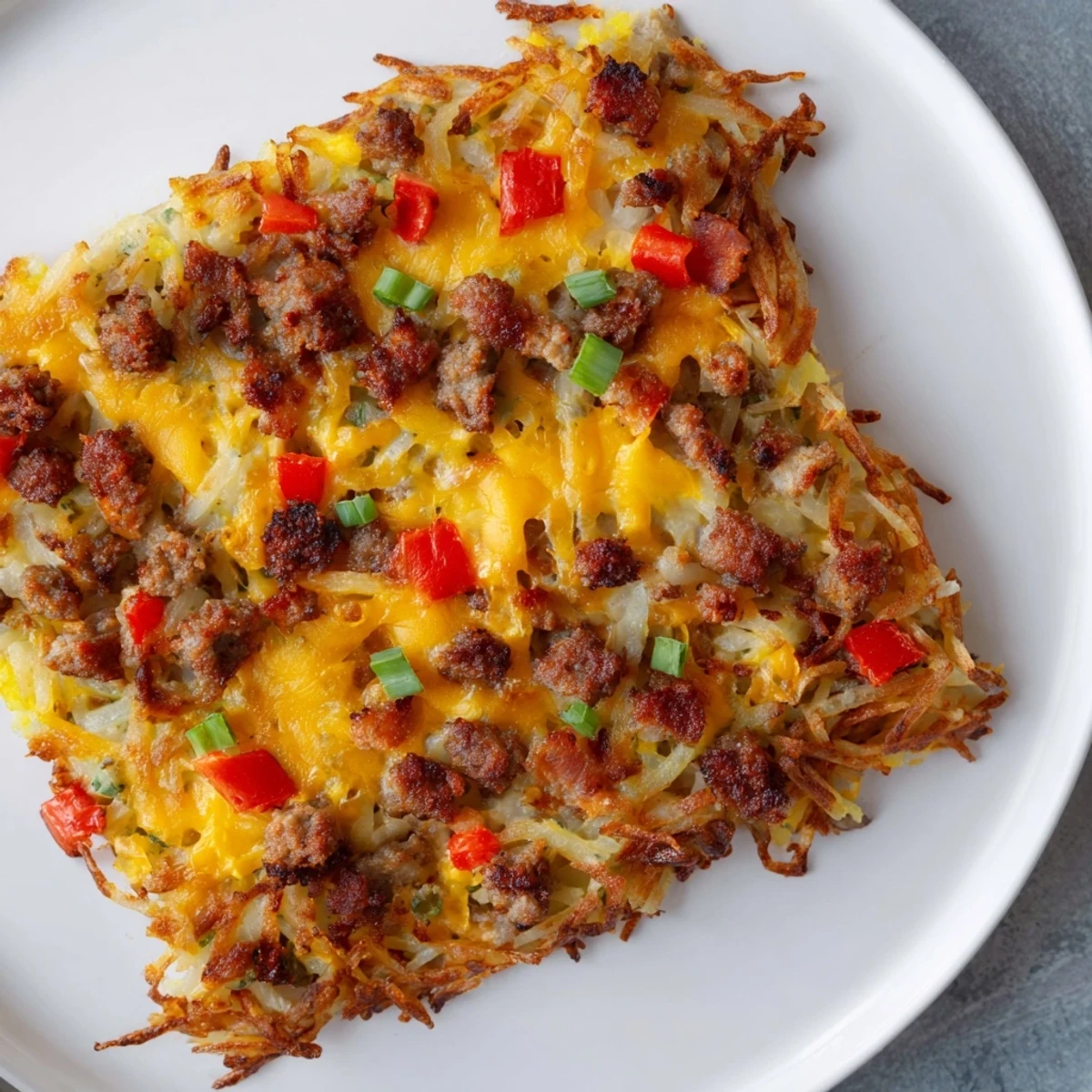 A steaming, cheesy serving of Quick Christmas Morning Hash Brown Bake, perfect comfort food for a happy holiday.