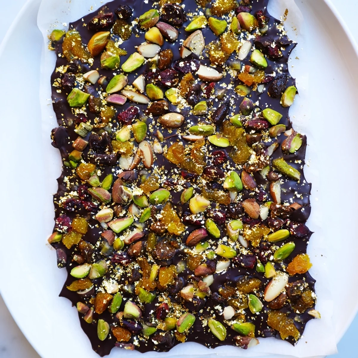 Dubai Chocolate Bark glistening with chopped nuts and fruits, ready to be broken and enjoyed.