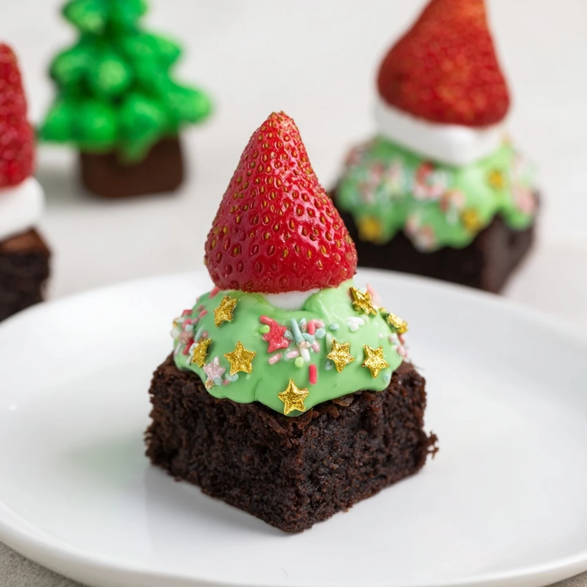 Fudgy Express Christmas Tree Brownie Hats, festive with green frosting and colorful sprinkles, perfect for the holidays.