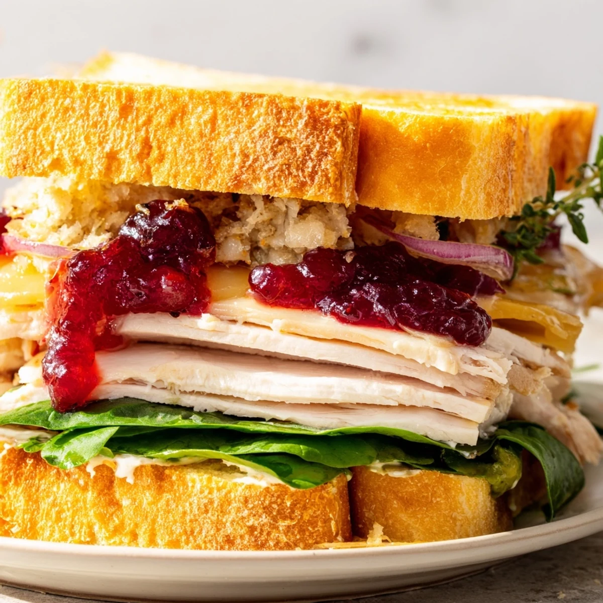 Golden brown Budget Christmas Sandwich on Brioche, layered with turkey, cranberry sauce and warm stuffing.