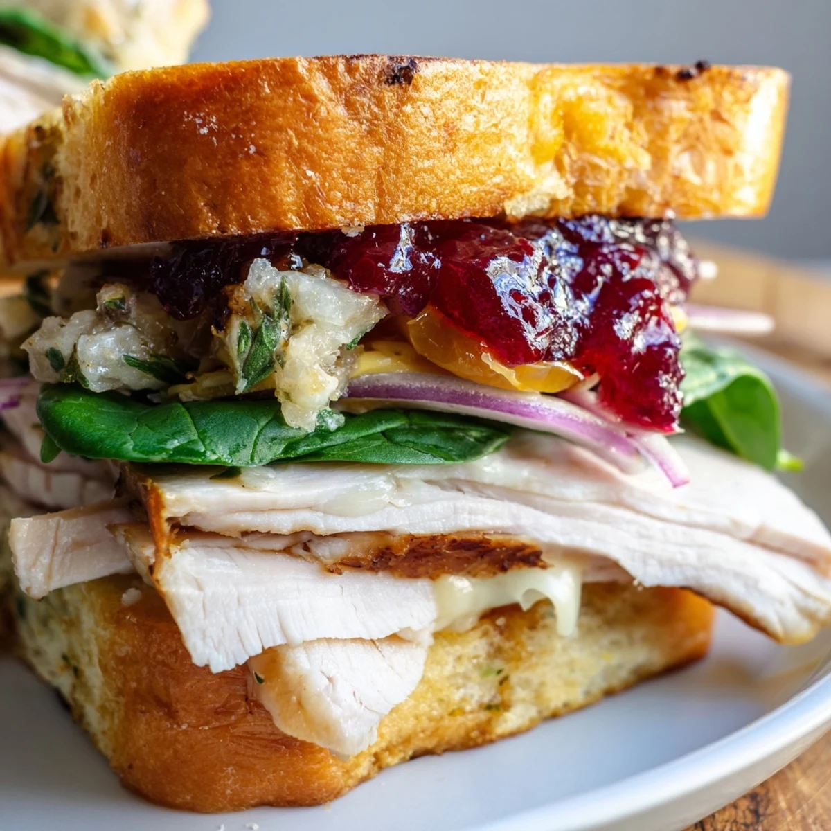 Enjoy the festive flavors: A sliced Budget Christmas Sandwich on Brioche, with a generous turkey and stuffing filling.