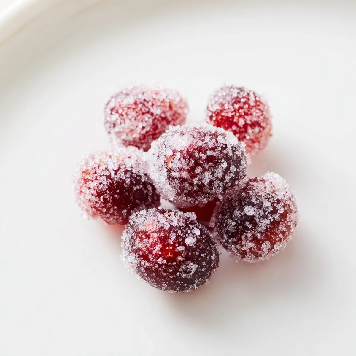 Vibrant vegan candied cranberry garnish glistens, ready to adorn desserts with sweet-tart flavor.