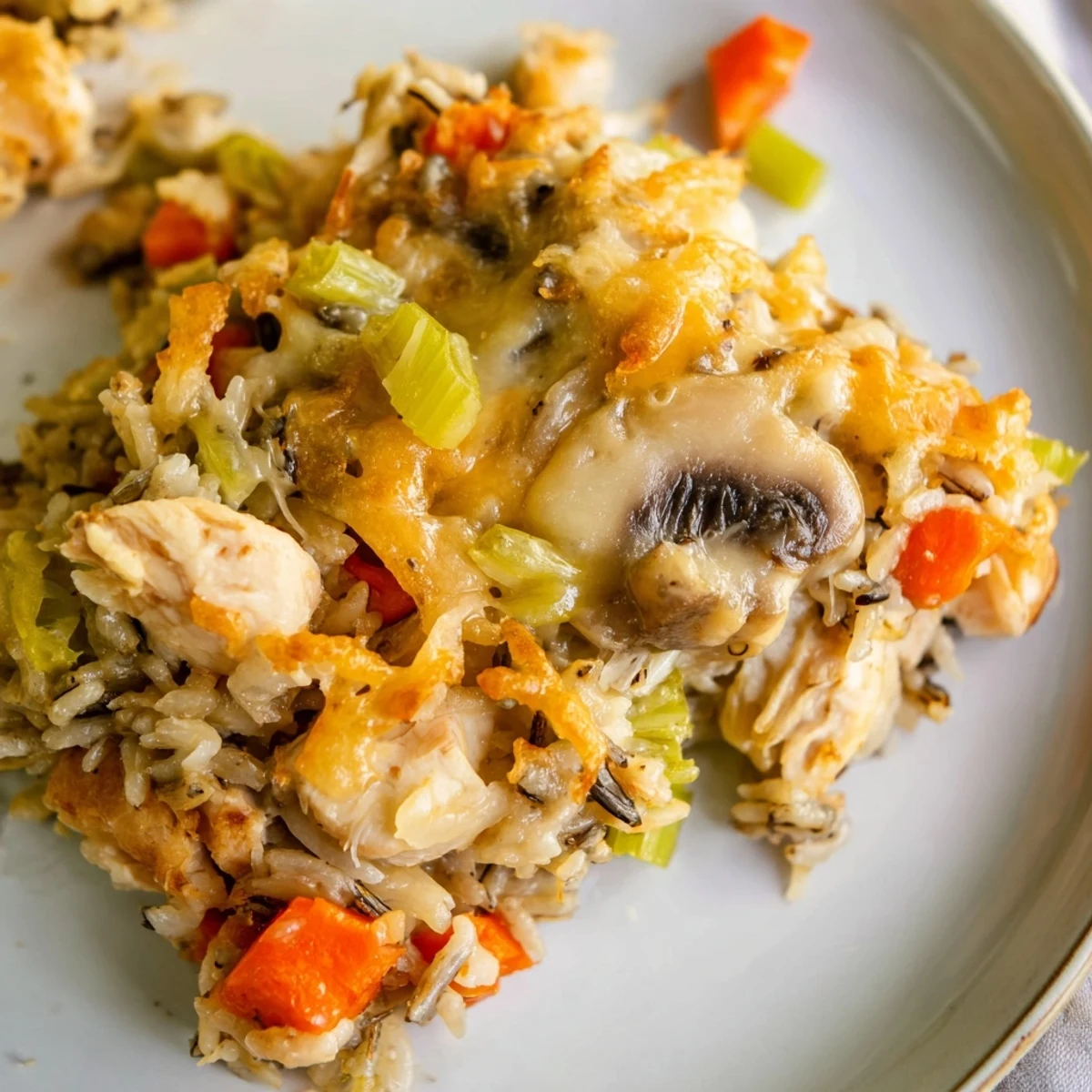 A golden brown Chicken and Wild Rice Bake, with visible veggies and bubbly creamy sauce.