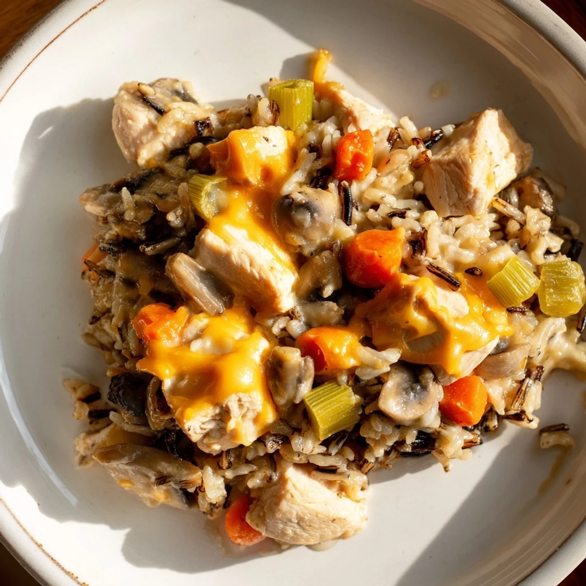 Creamy Chicken and Wild Rice Bake, a comforting casserole with melted cheese topping and herbs.