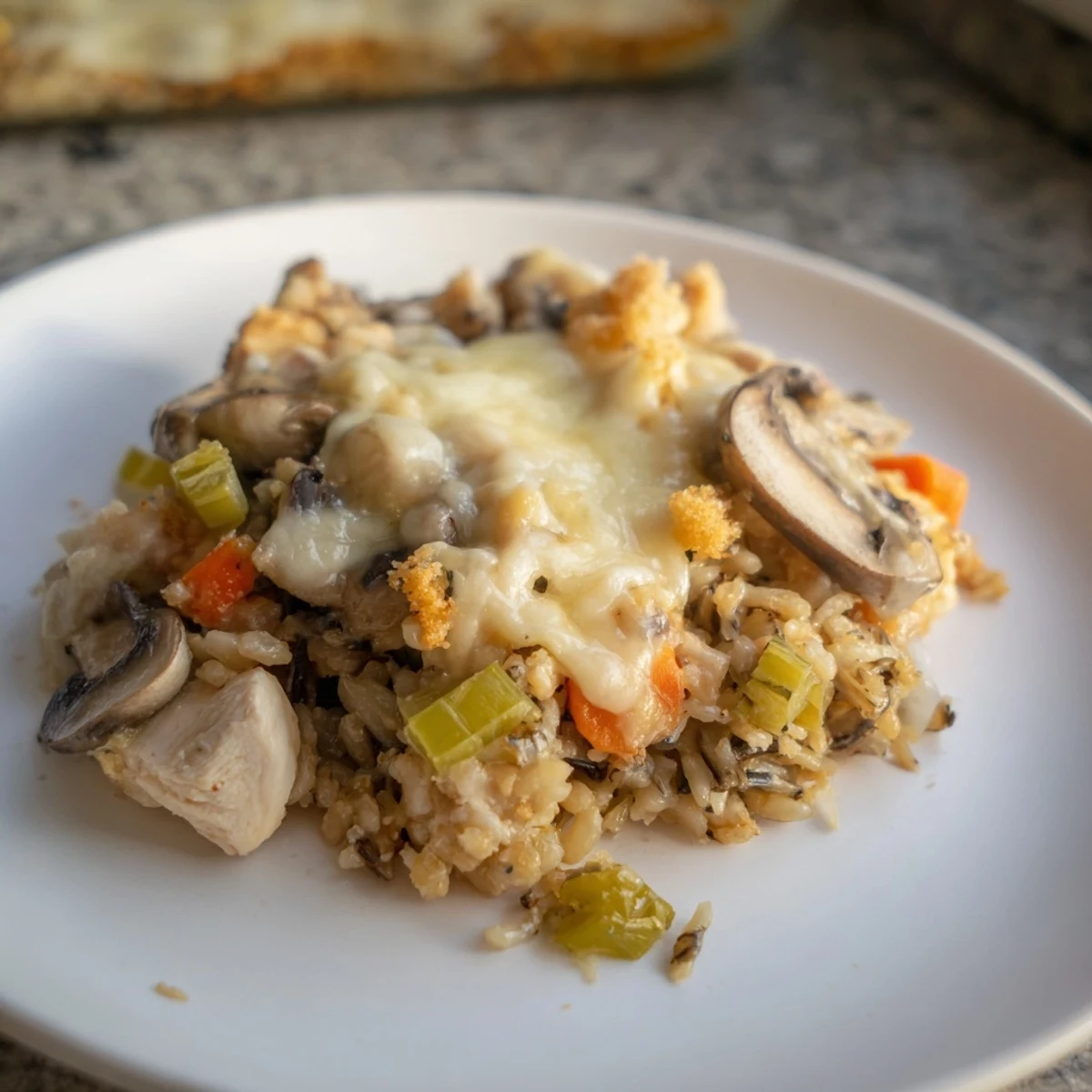 Hearty Chicken and Wild Rice Bake, bubbling hot from the oven, ready for a delicious dinner.
