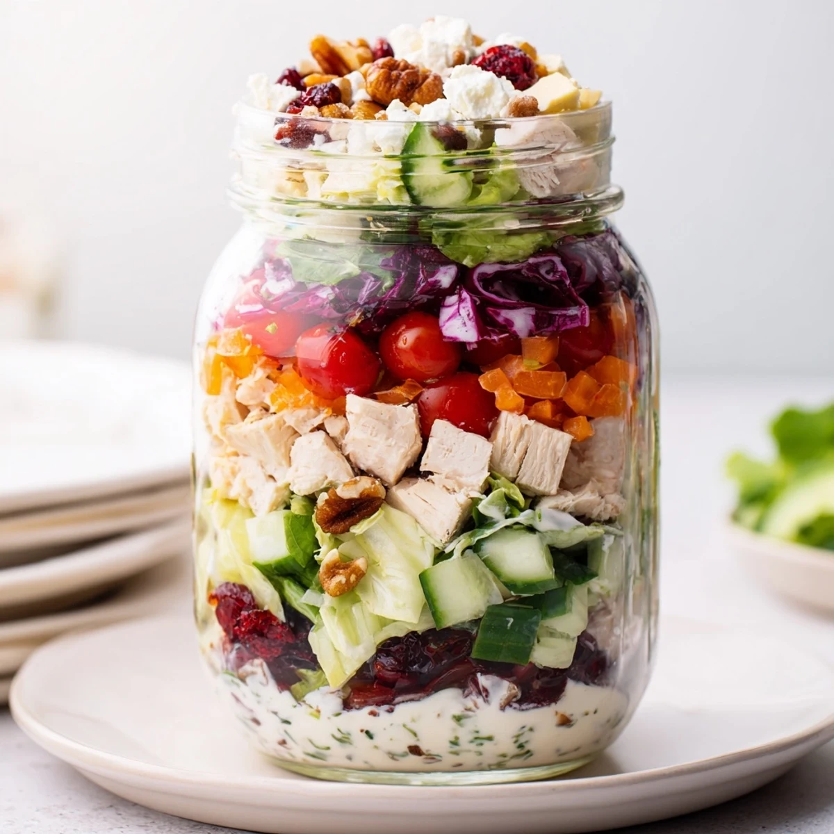Vibrant layered holiday chopped chicken salad jar, showcasing colorful veggies and creamy dressing, perfect for meal prep.