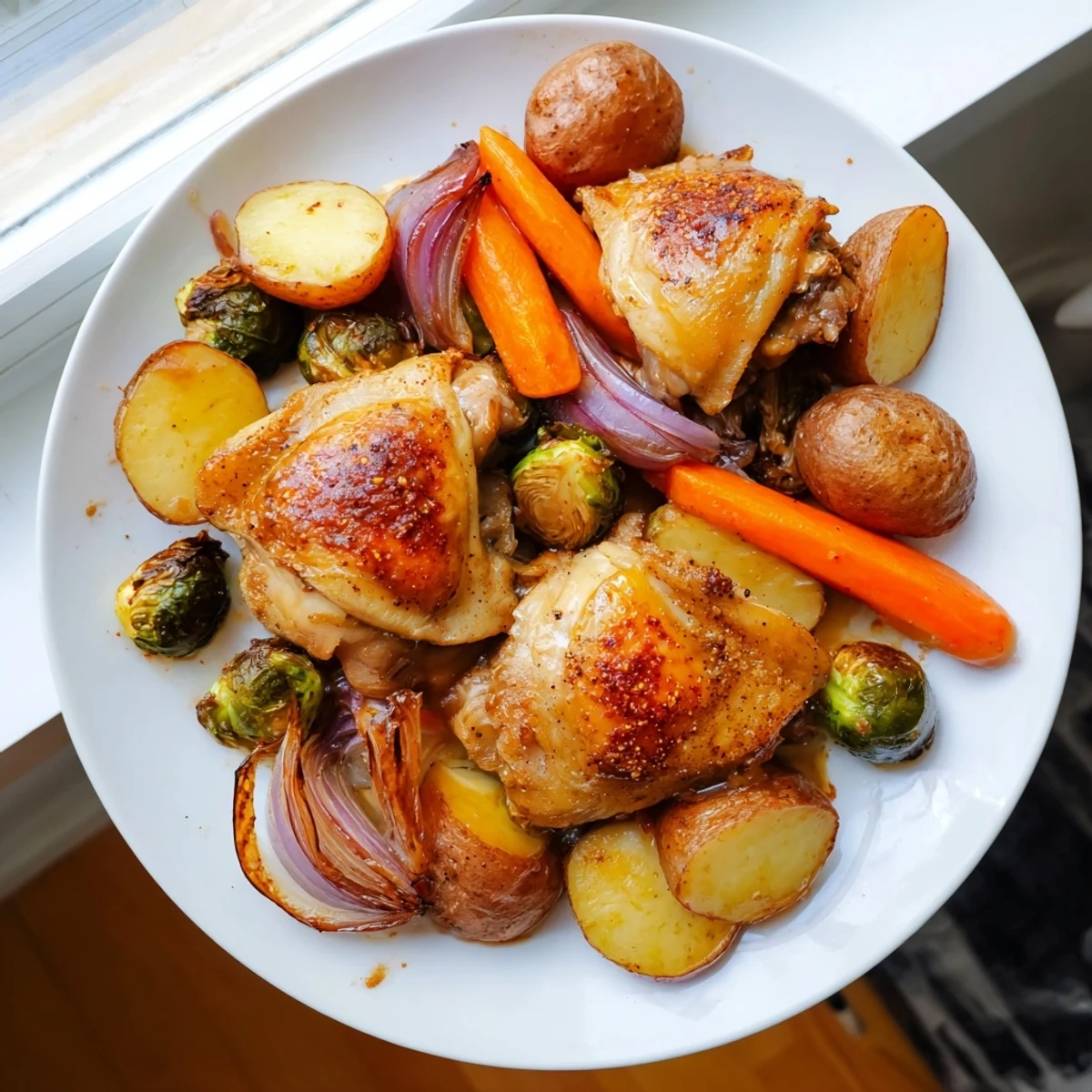 Golden, crispy sheet pan chicken with cranberry vinaigrette, nestled amongst roasted veggies, perfect for dinner.
