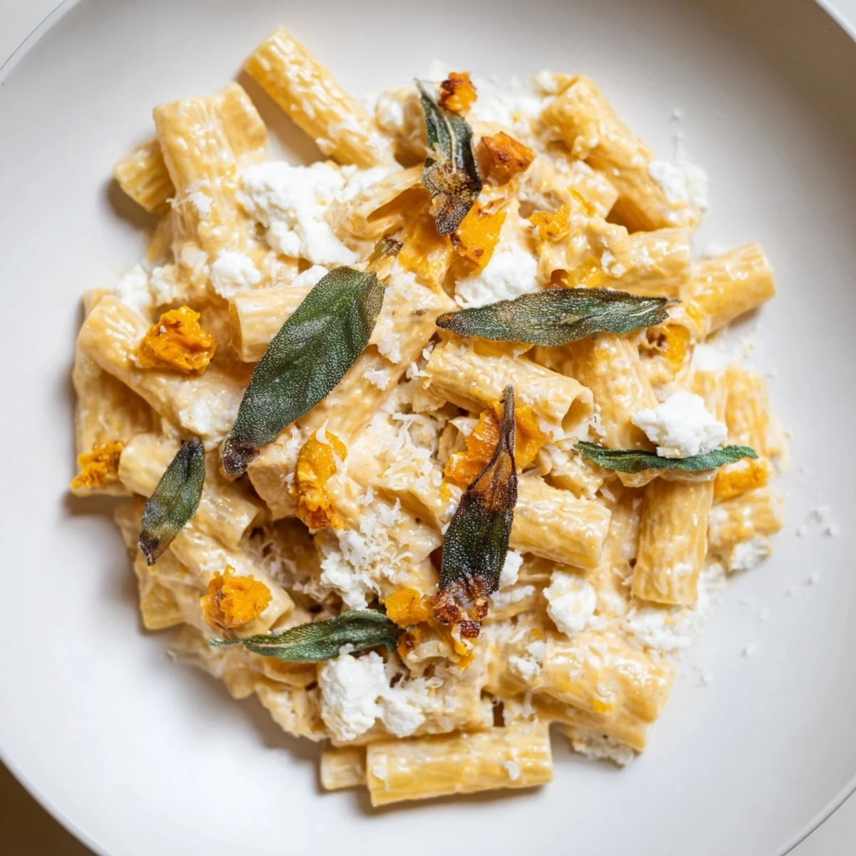 A close-up of the finished Roasted Butternut Squash and Sage Goat Cheese Pasta, garnished with crisp sage.
