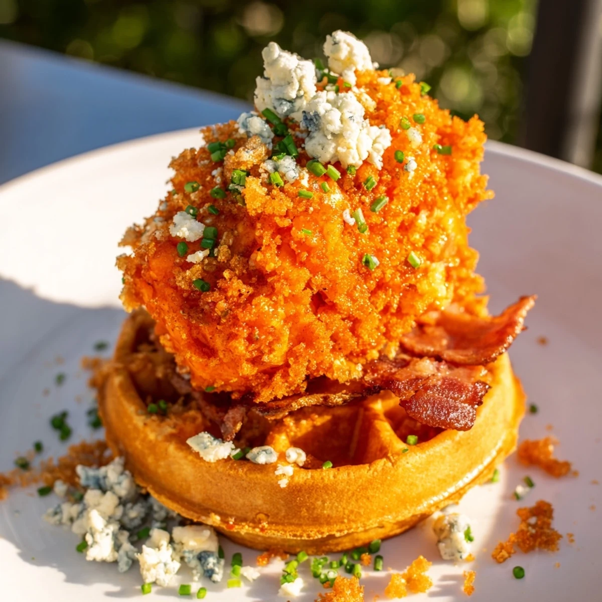Golden brown Crispy Buffalo Chicken and Bacon Waffle Bites, perfect for game day snacking.