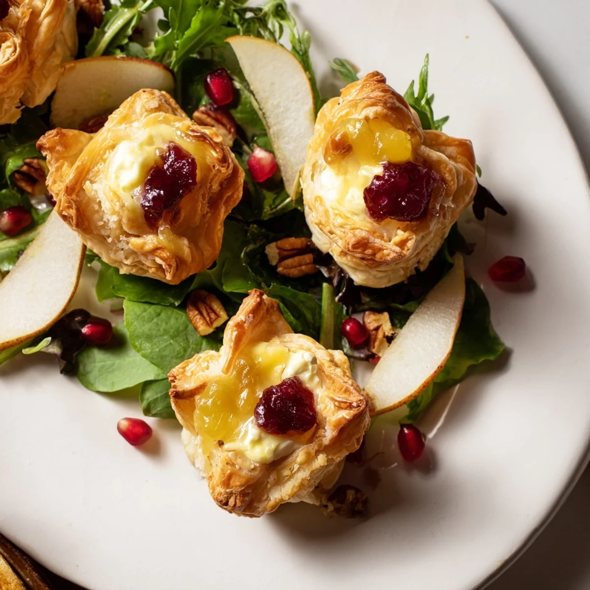 Golden, flaky Cranberry and Brie Flower Bites, warm and filled with melted brie and cranberry.