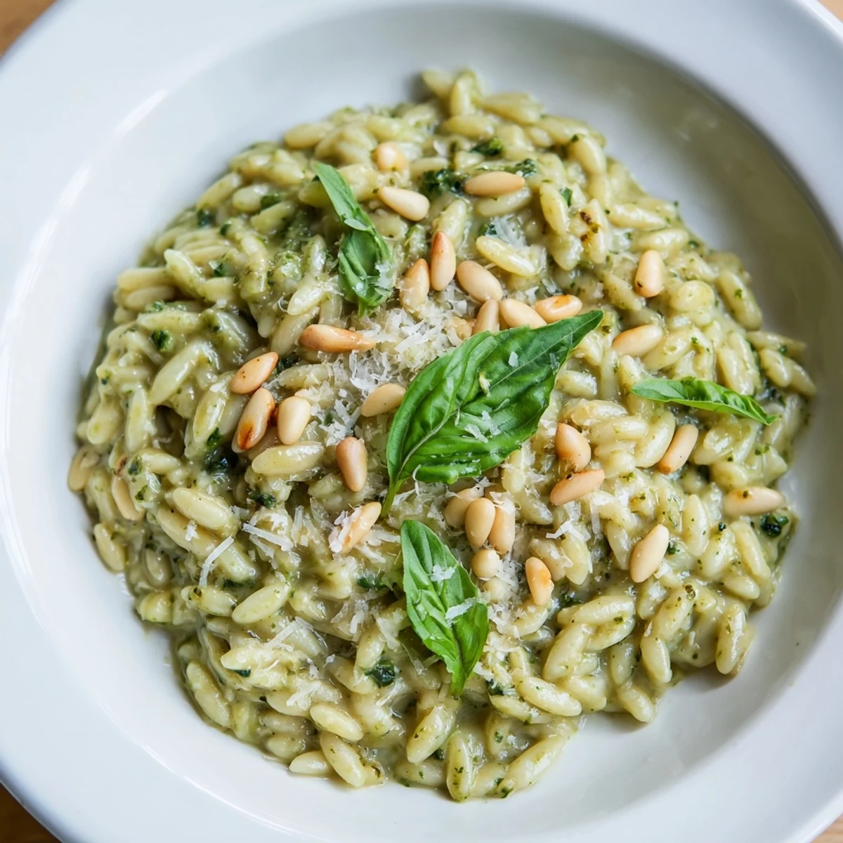 This photo displays a steaming bowl of 15-Minute Creamy Pesto Risoni, garnished with fresh basil.