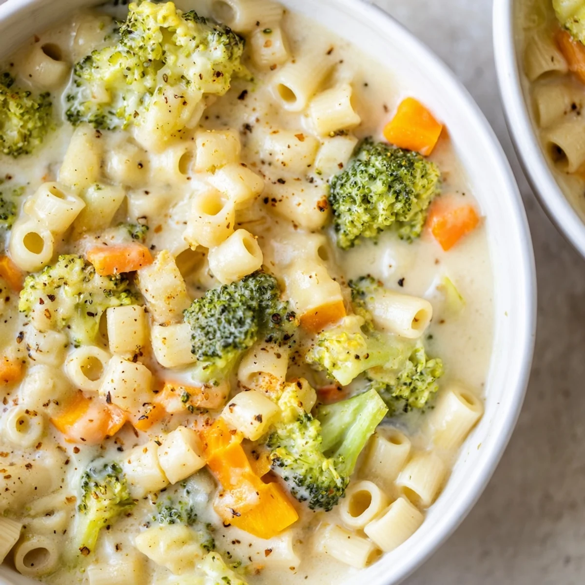 One-Pot Broccoli Cheddar Ditalini Soup, a hearty, steaming bowl full of creamy goodness.