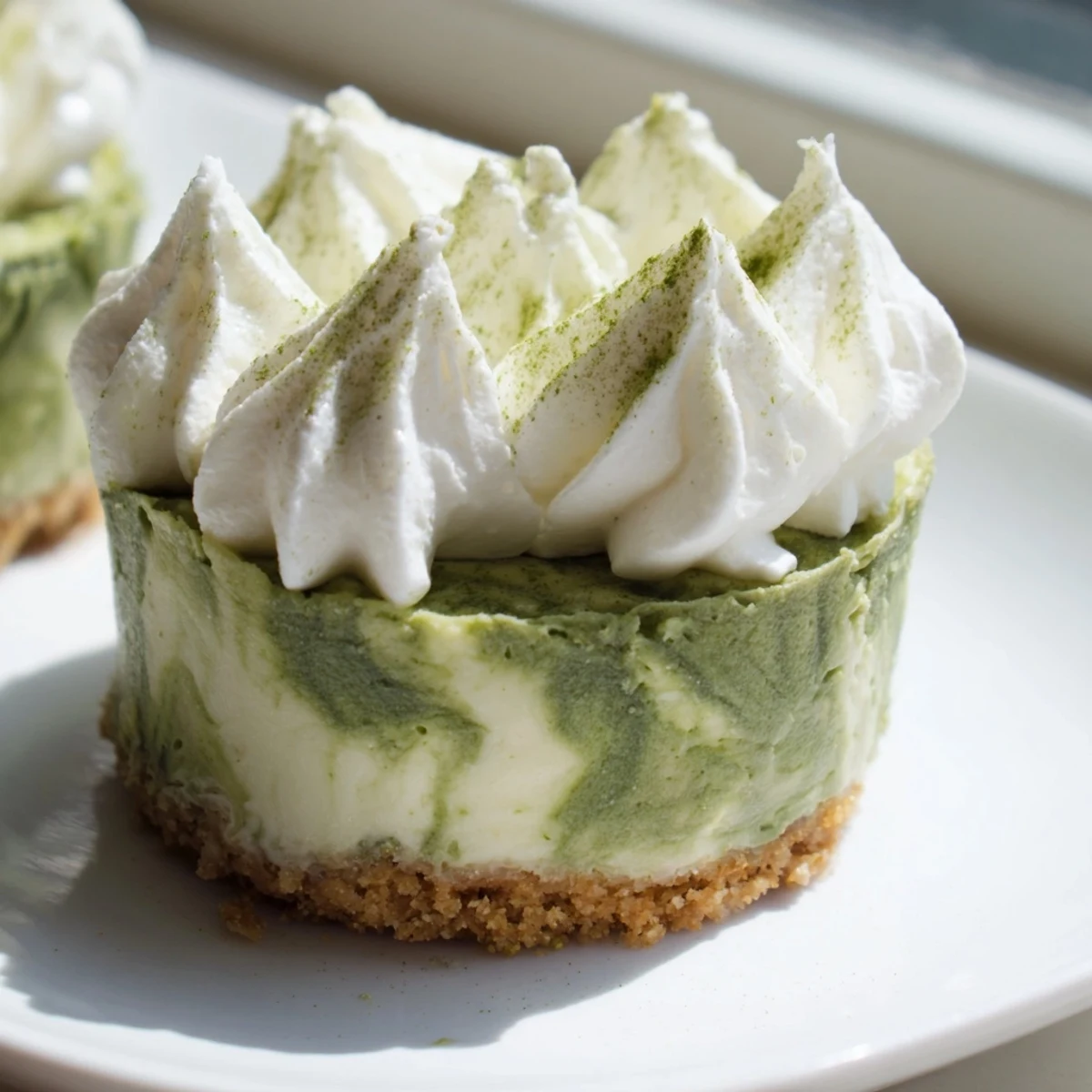 Delicate Matcha Swirl Snowdrift Cheesecake Cups: a chilled dessert with matcha, creamy cheesecake, and a crumb crust.