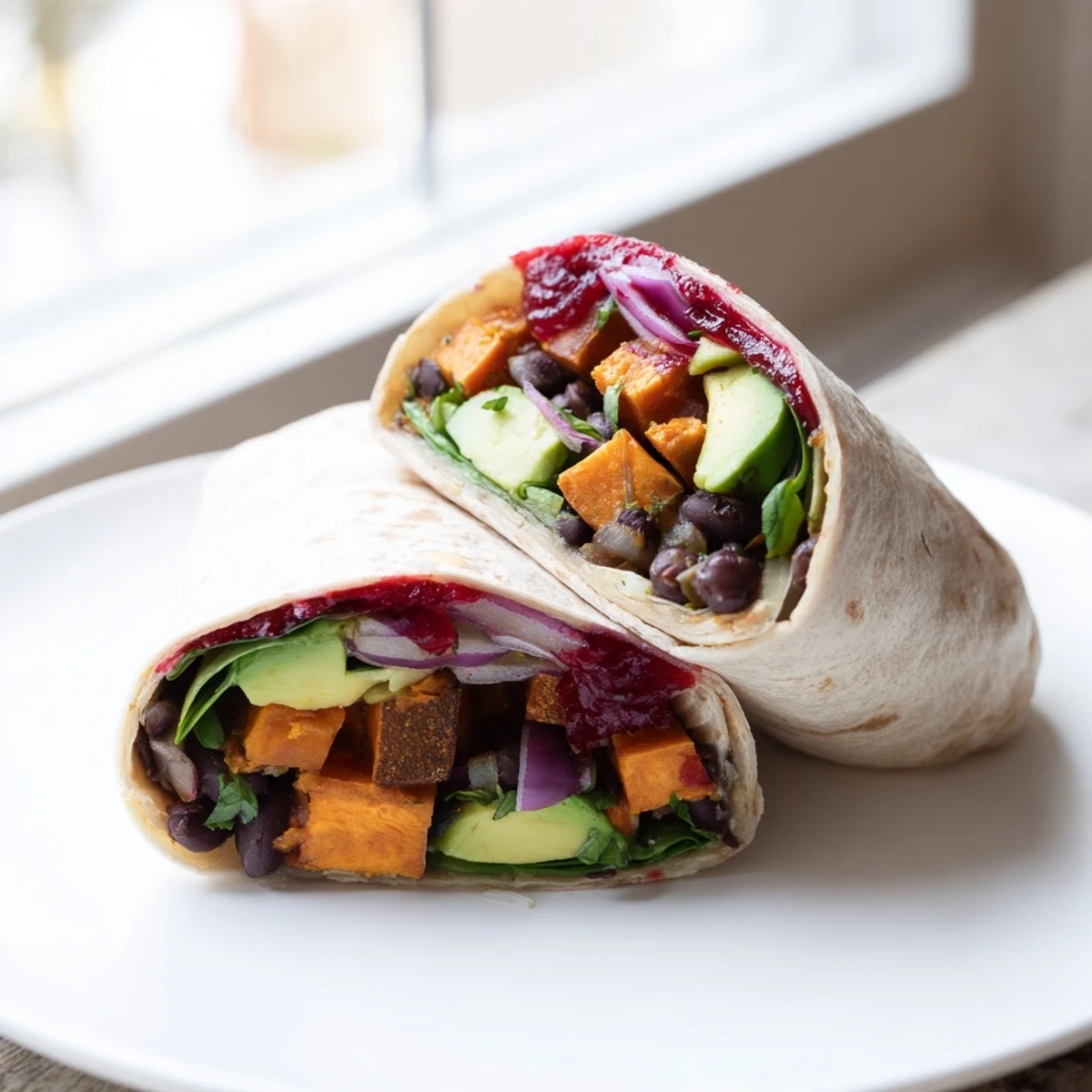 Vibrant image of a Roasted Sweet Potato & Black Bean Holiday Wrap, ready to eat with lime wedges.