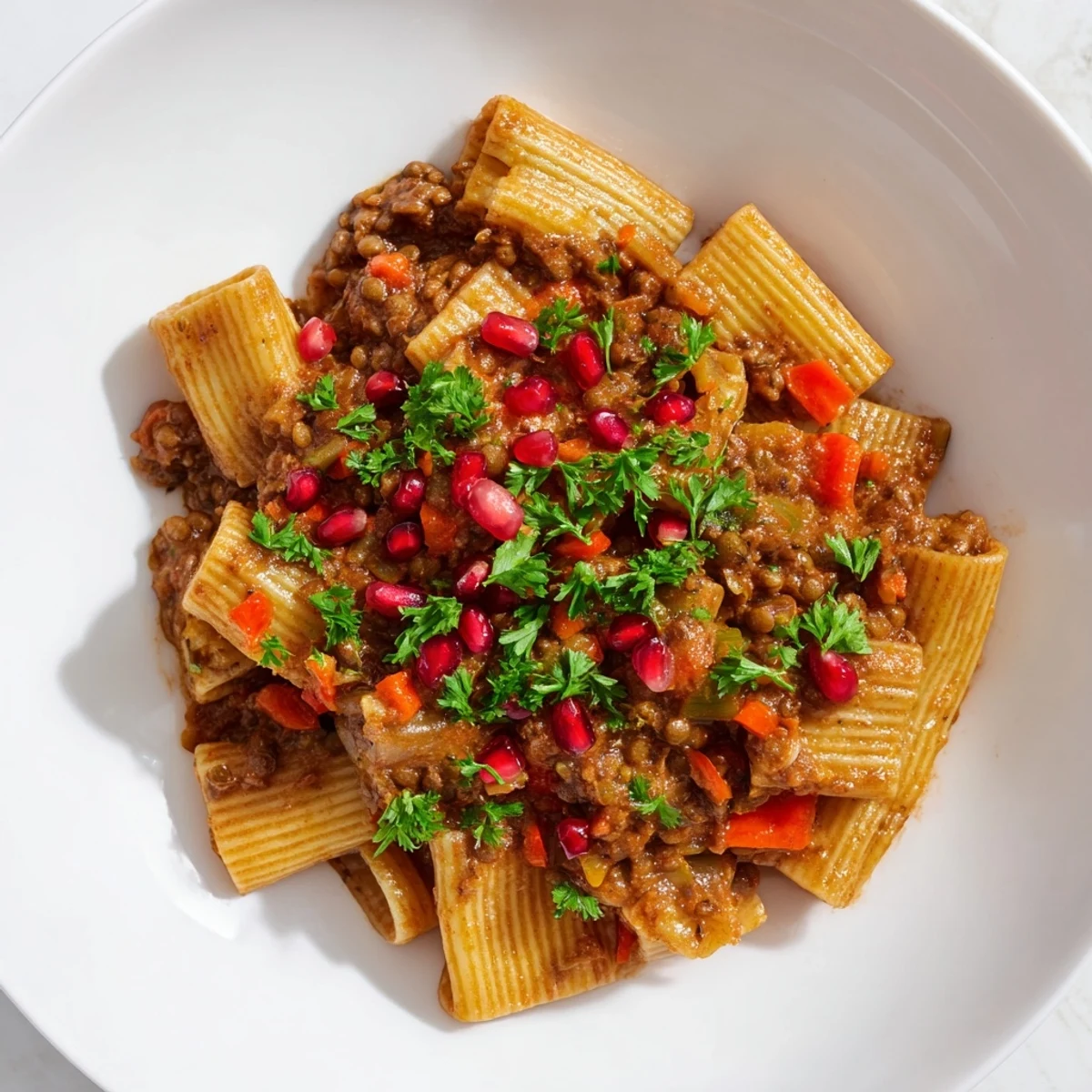 Close-up of a generous serving of High-Fiber Lentil Bolognese pasta, garnished with pomegranate seeds.